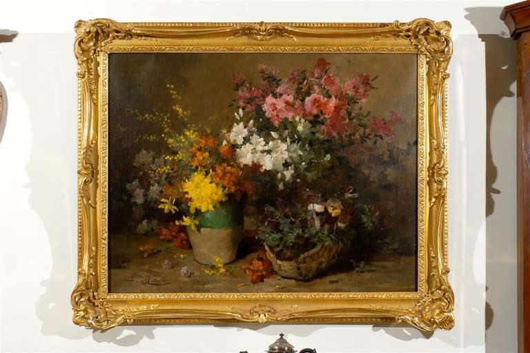 Napoleon III French 1880s Still-Life Floral Painting by Louis-Émile Minet in Giltwood Frame