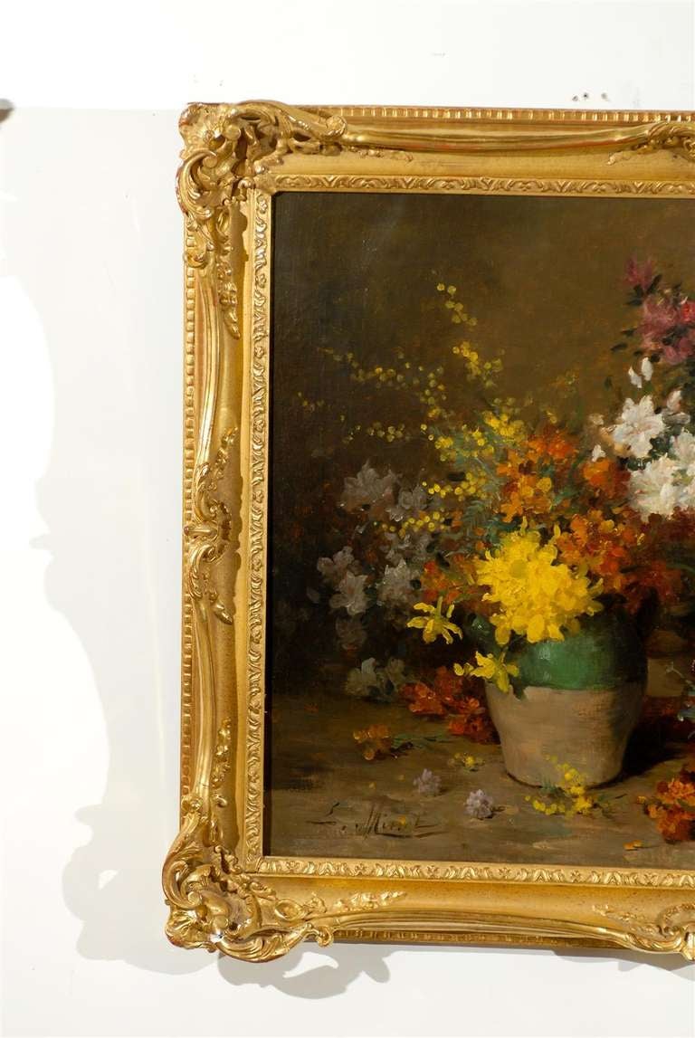 19th Century French 1880s Still-Life Floral Painting by Louis-Émile Minet in Giltwood Frame