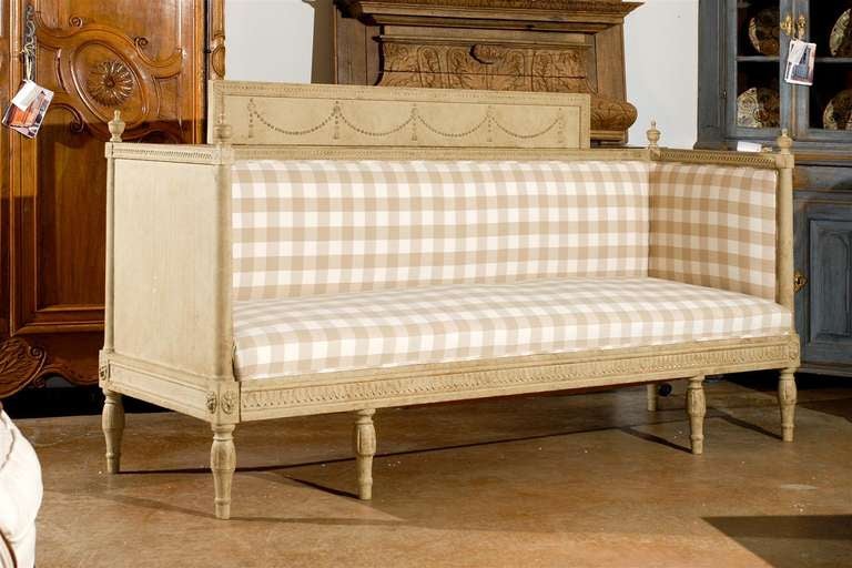 Swedish Period Gustavian Neoclassical Painted Sofa with Checkered Fabric