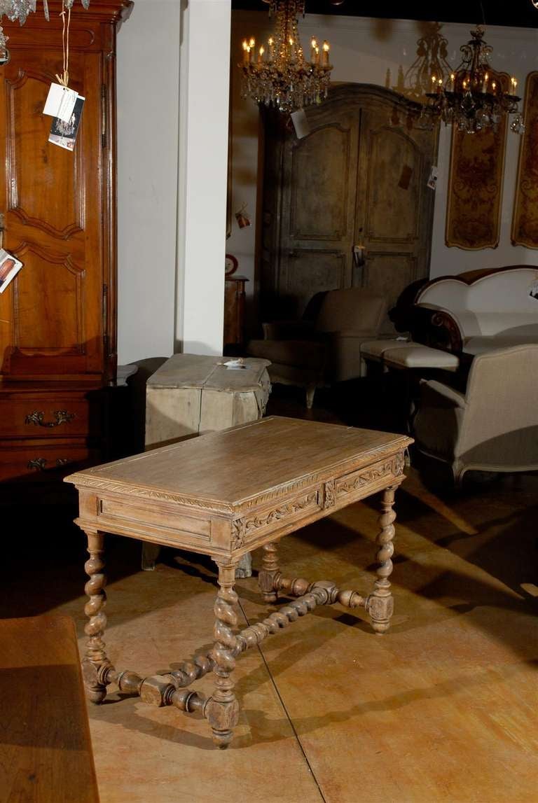 Carved French Louis XIII Style 1880s Table with Two Drawers and Barley Twist Base