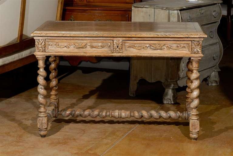 French Louis XIII Style 1880s Table with Two Drawers and Barley Twist Base In Good Condition In Atlanta, GA