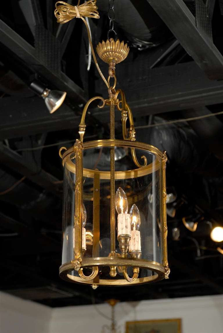 Bronze Louis XVI Style Lantern with Banded Reed Detailing. Please Note This Item is an Antique and is One of a Kind.