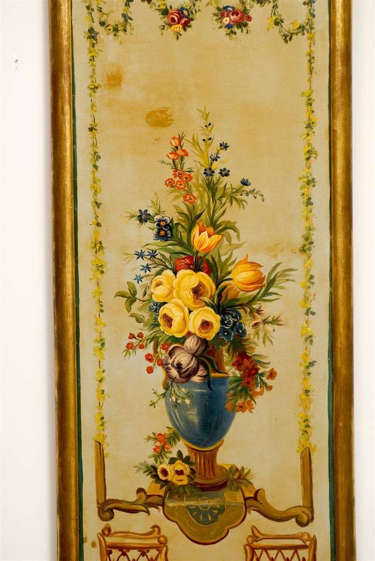 Canvas French Napoleon III Period Painted Decorative Panels with Bouquets, circa 1860