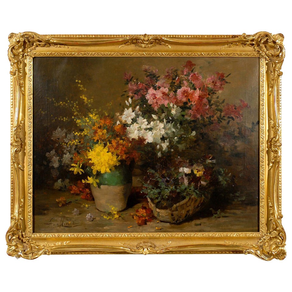 French 1880s Still-Life Floral Painting by Louis-Émile Minet in Giltwood Frame