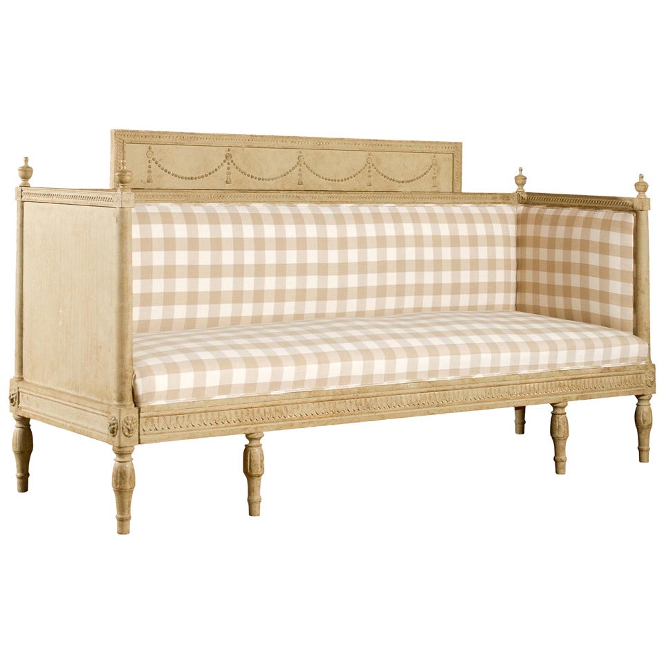 Swedish Period Gustavian Neoclassical Painted Sofa with Checkered Fabric