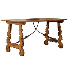 Baroque Style Spanish Carved Chestnut Fratino Sofa Table with Lyre-Shaped Legs