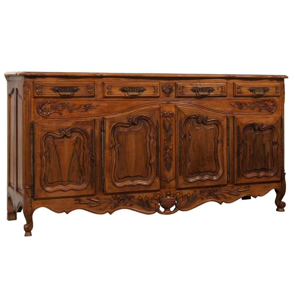 French Louis XV Style Walnut Enfilade with Four Doors and Drawers Parquetry Top