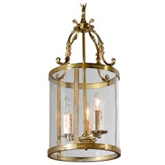 Antique French Louis XVI Style Three-Light Bronze and Glass Lantern, circa 1850