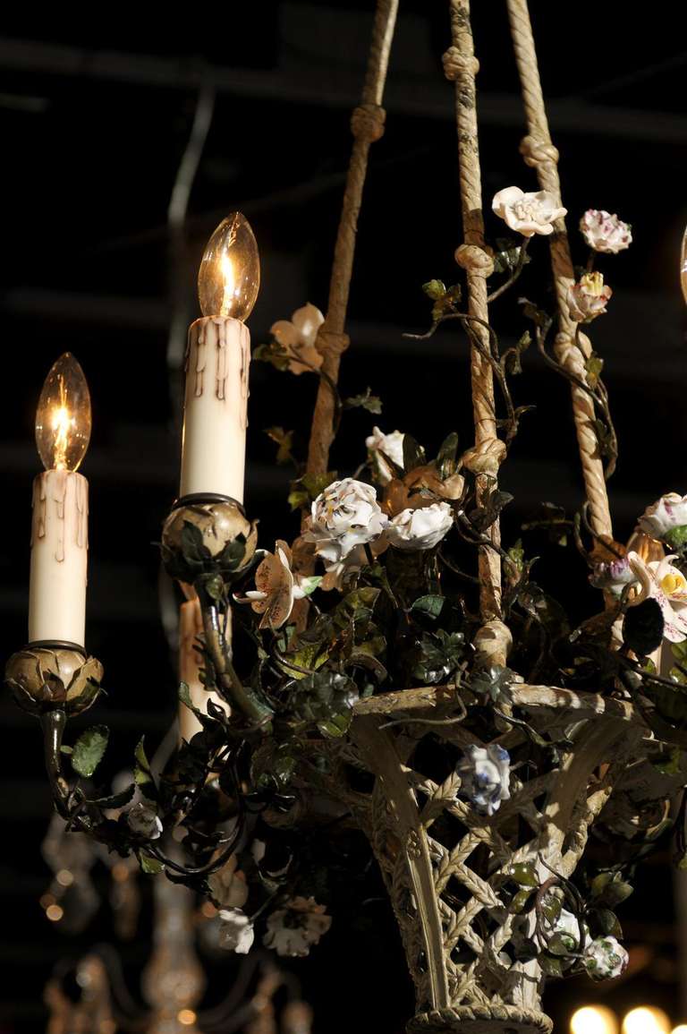 19th Century French Rococo Style Six-Light Bronze Basket Chandelier with Porcelain Flowers