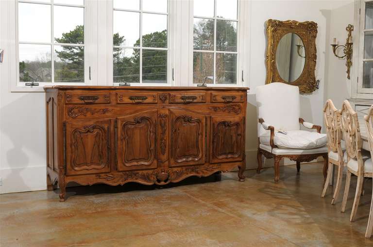 Carved French Louis XV Style Walnut Enfilade with Four Doors and Drawers Parquetry Top