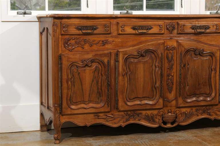 20th Century French Louis XV Style Walnut Enfilade with Four Doors and Drawers Parquetry Top