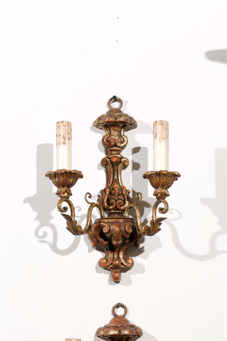 Pair of French Mid 18th Century Rococo Period Giltwood Two-Light Sconces For Sale 5