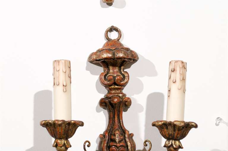 Pair of French Mid 18th Century Rococo Period Giltwood Two-Light Sconces For Sale 2