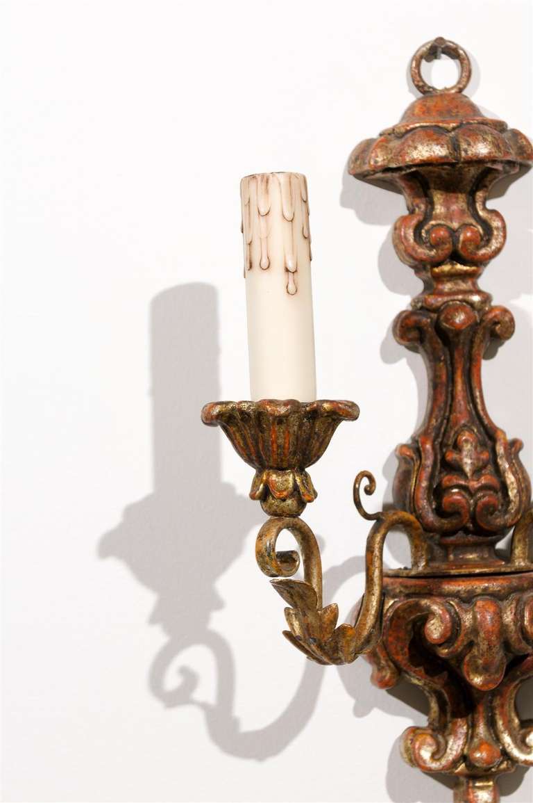 Pair of French Mid 18th Century Rococo Period Giltwood Two-Light Sconces In Good Condition For Sale In Atlanta, GA