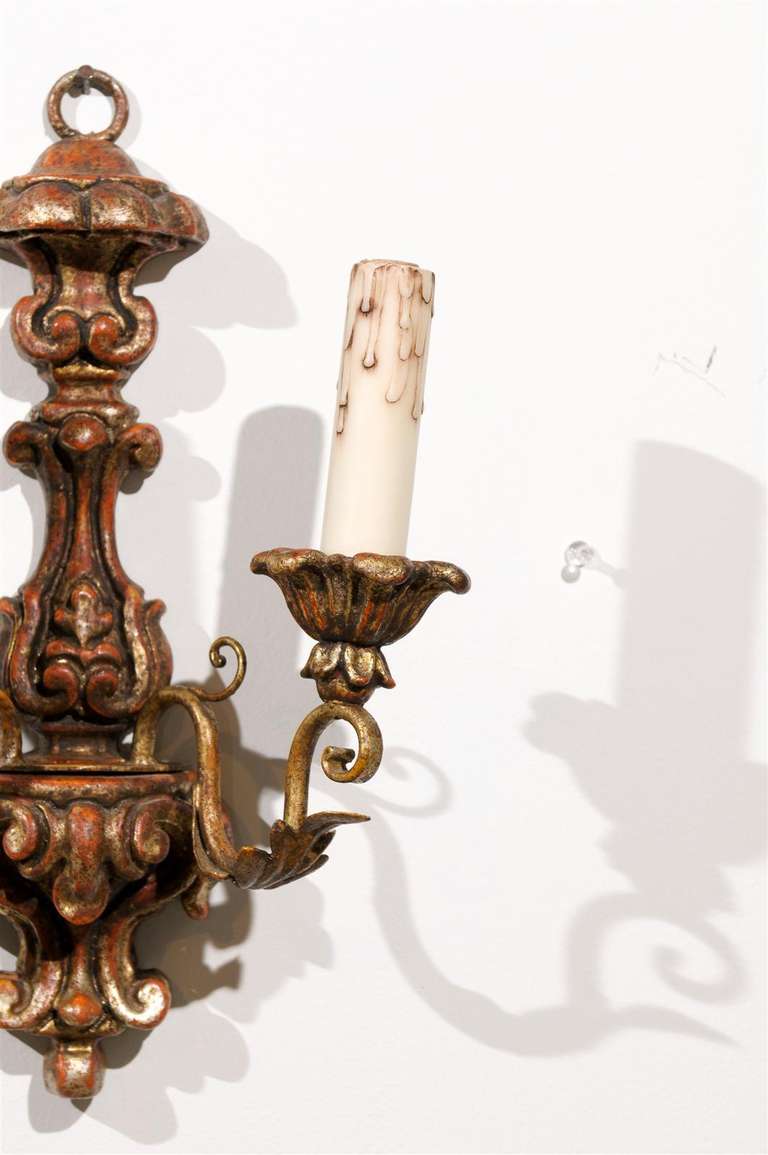 Wood Pair of French Mid 18th Century Rococo Period Giltwood Two-Light Sconces For Sale