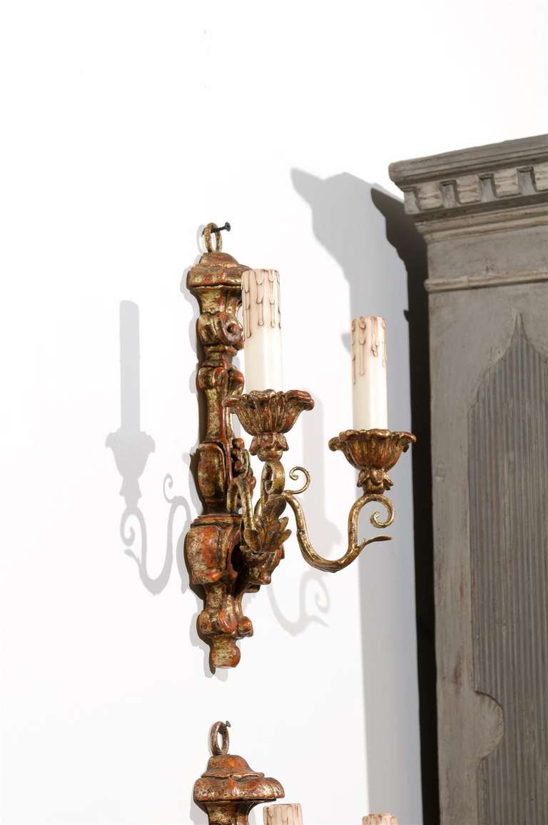 Pair of French Mid 18th Century Rococo Period Giltwood Two-Light Sconces For Sale 1