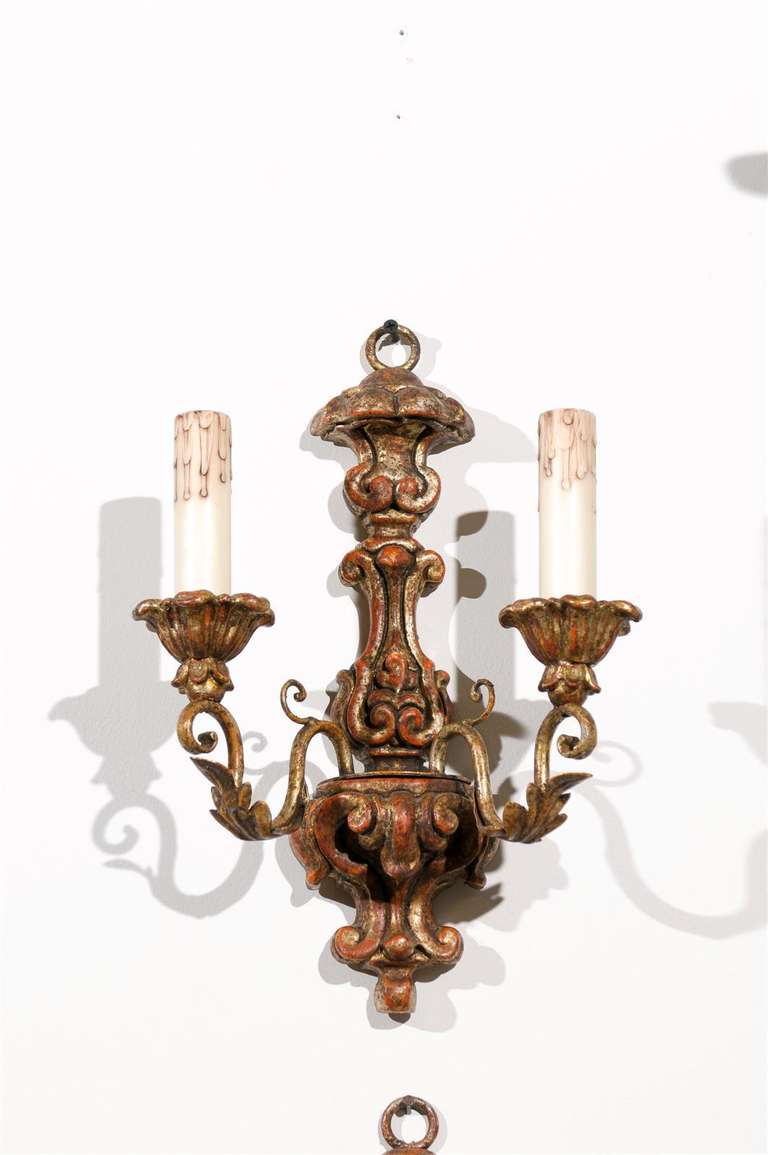Pair of French Mid 18th Century Rococo Period Giltwood Two-Light Sconces For Sale 3