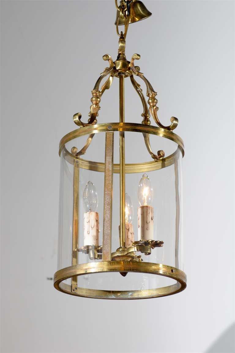 19th Century French Louis XVI Style Three-Light Bronze and Glass Lantern, circa 1850