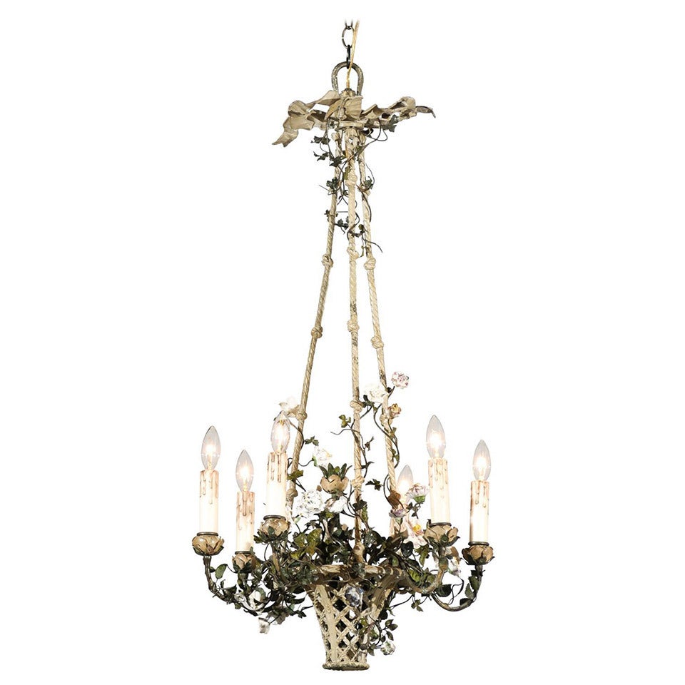 French Rococo Style Six-Light Bronze Basket Chandelier with Porcelain Flowers