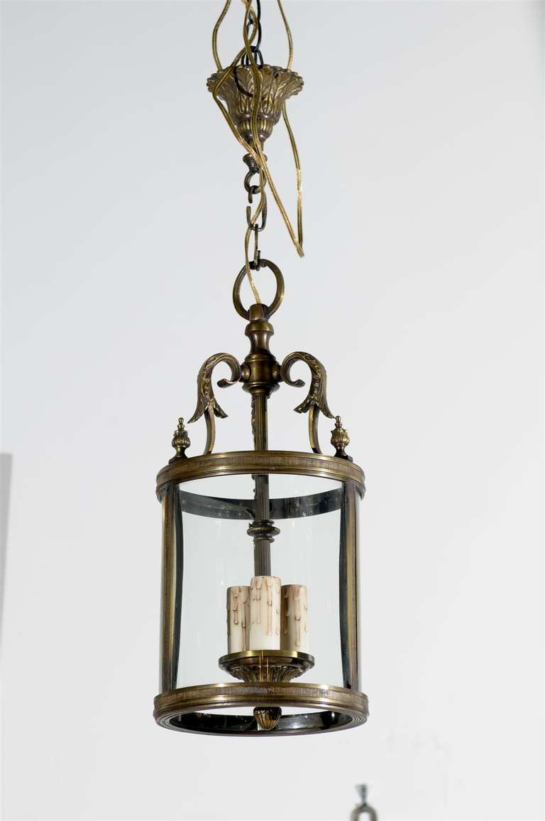 French Louis XVI Style Bronze Three-Light Lantern with Glass Panels and Finials 2