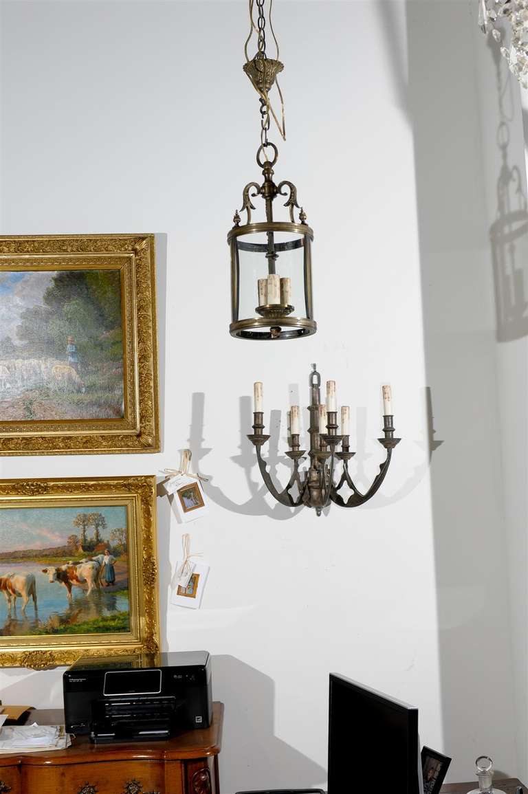 Hand-Crafted French Louis XVI Style Bronze Three-Light Lantern with Glass Panels and Finials