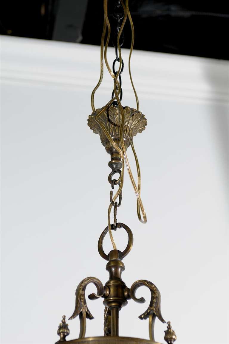 19th Century French Louis XVI Style Bronze Three-Light Lantern with Glass Panels and Finials