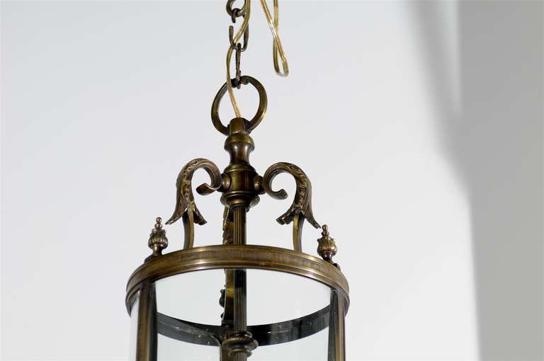 French Louis XVI Style Bronze Three-Light Lantern with Glass Panels and Finials 3