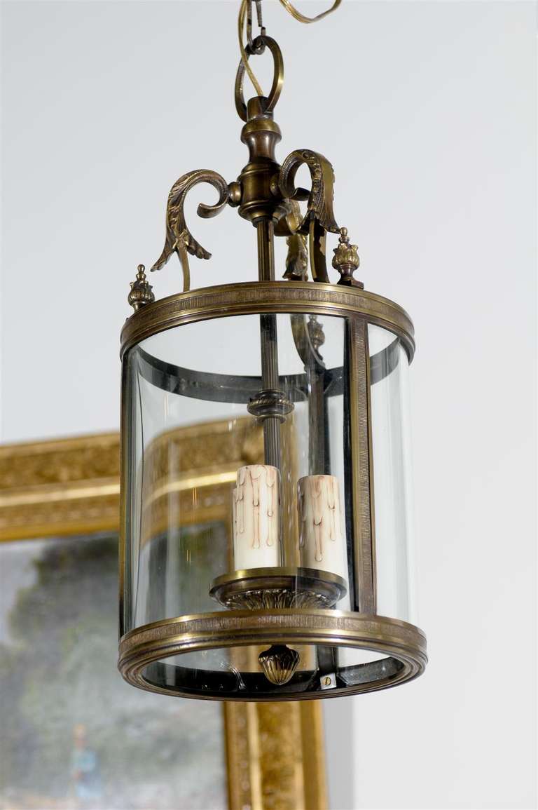 French Louis XVI Style Bronze Three-Light Lantern with Glass Panels and Finials 4