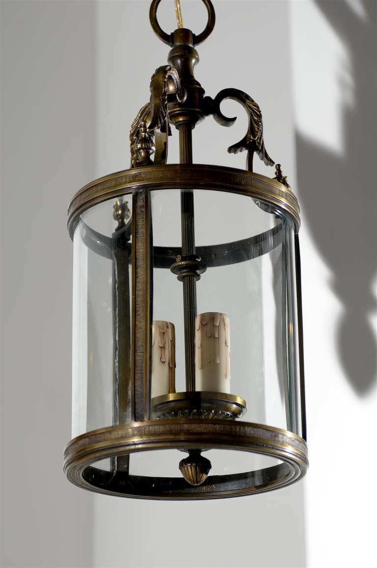 French Louis XVI Style Bronze Three-Light Lantern with Glass Panels and Finials 5