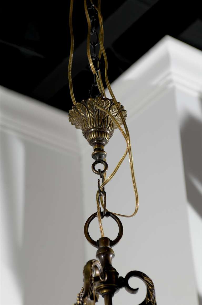 French Louis XVI Style Bronze Three-Light Lantern with Glass Panels and Finials 1