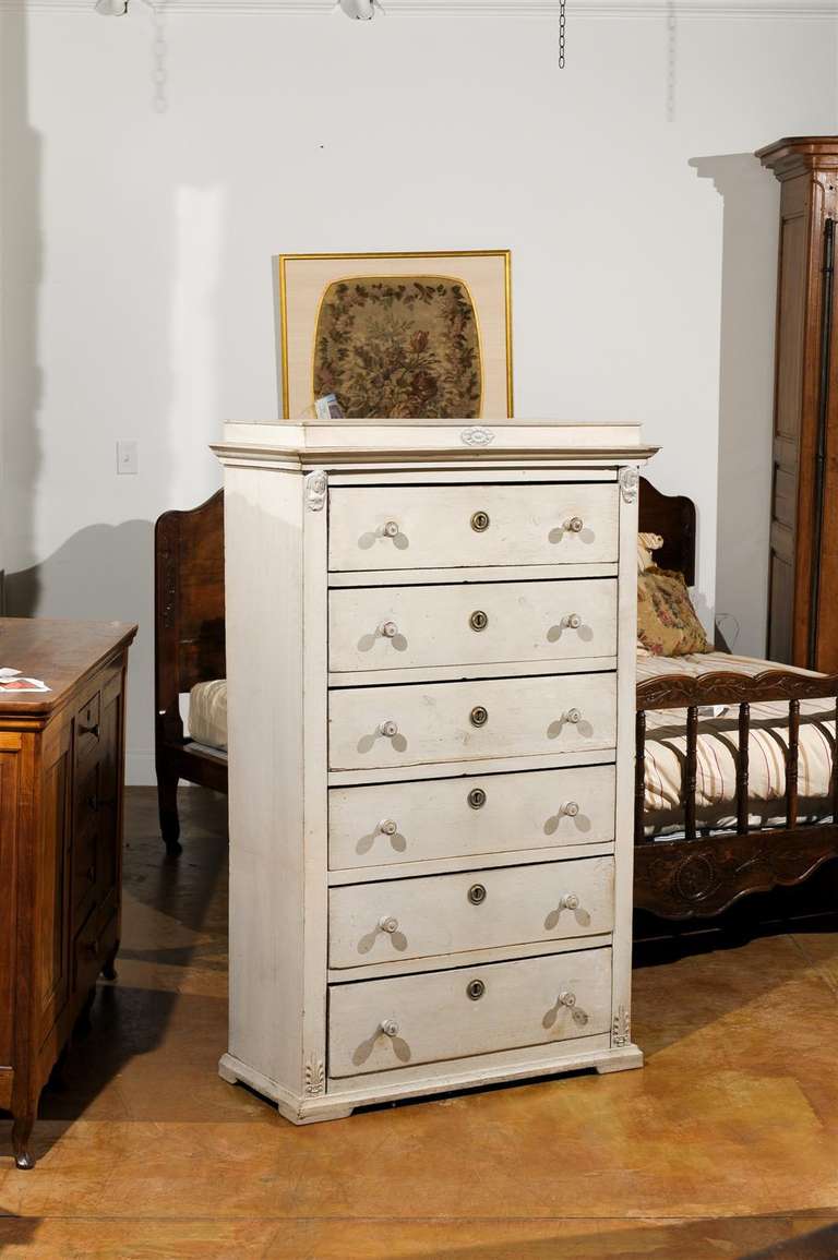 Swedish Neoclassical Style Painted Tall Chest with Carved Faces and Palmettes In Good Condition For Sale In Atlanta, GA