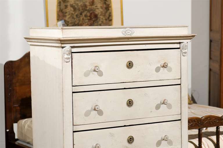 Wood Swedish Neoclassical Style Painted Tall Chest with Carved Faces and Palmettes For Sale