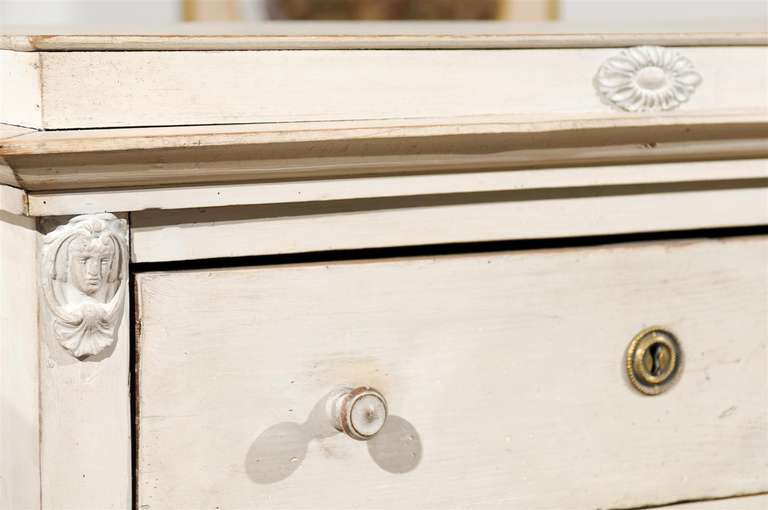 Swedish Neoclassical Style Painted Tall Chest with Carved Faces and Palmettes For Sale 2