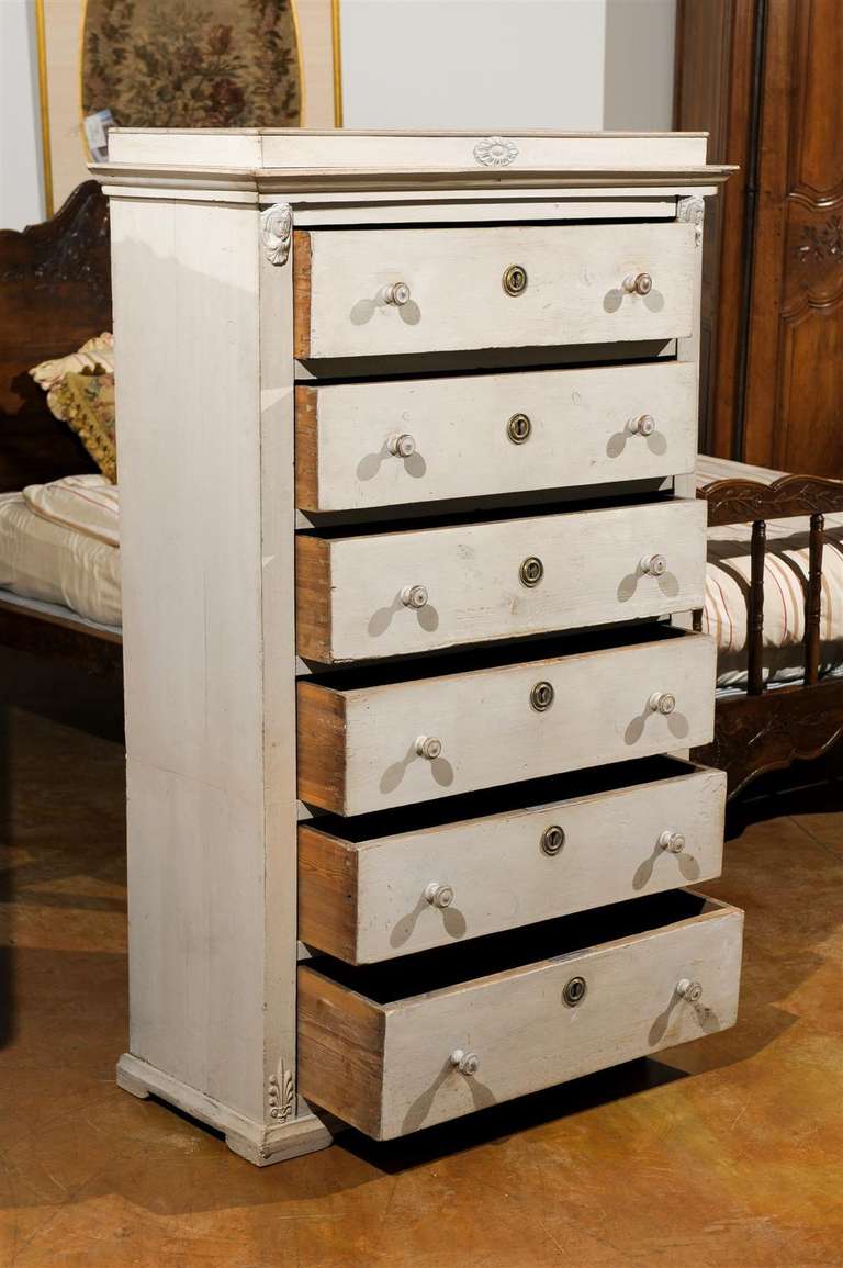 Swedish Neoclassical Style Painted Tall Chest with Carved Faces and Palmettes For Sale 4