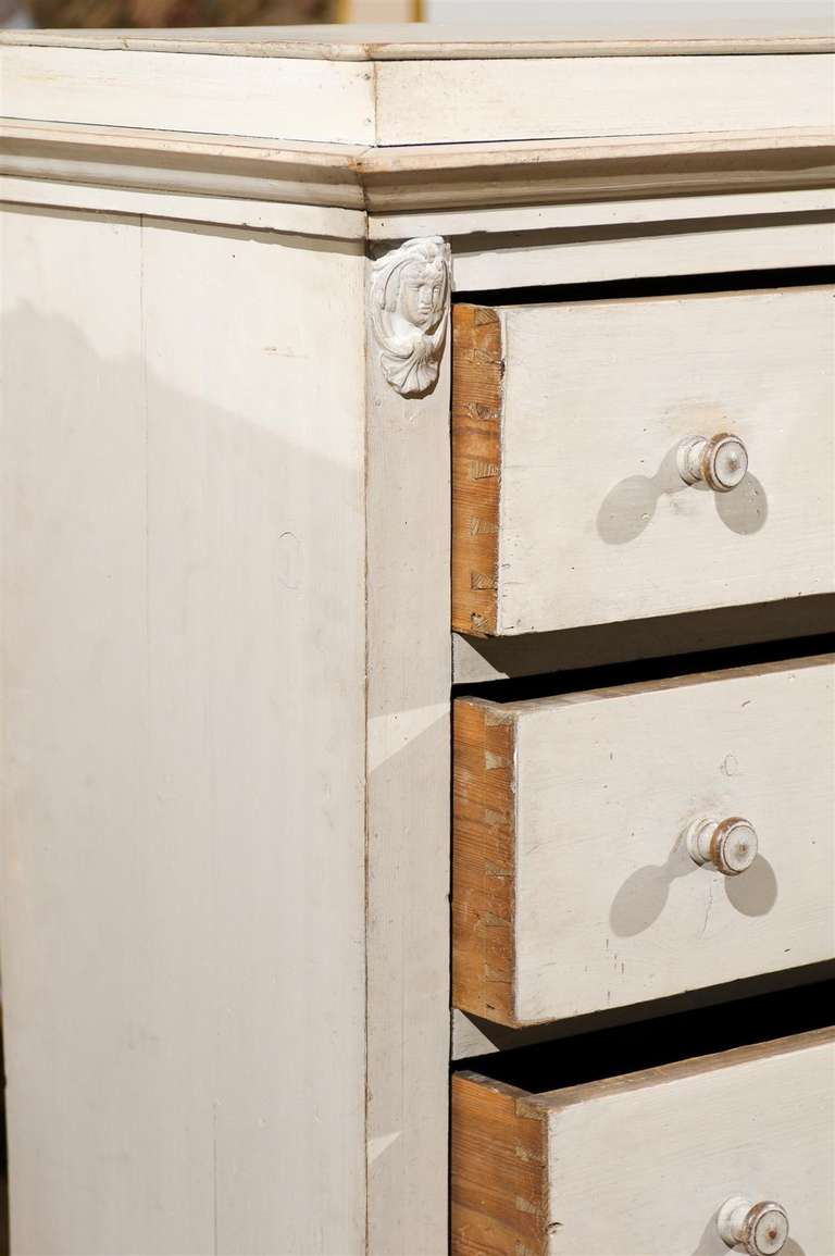 Swedish Neoclassical Style Painted Tall Chest with Carved Faces and Palmettes For Sale 1