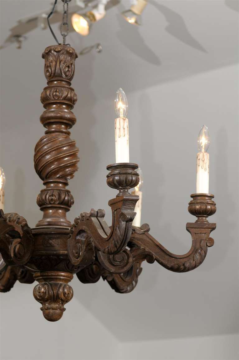 19th Century French Napoleon III Period Carved Walnut Six-Light Chandelier with Scrolled Arms