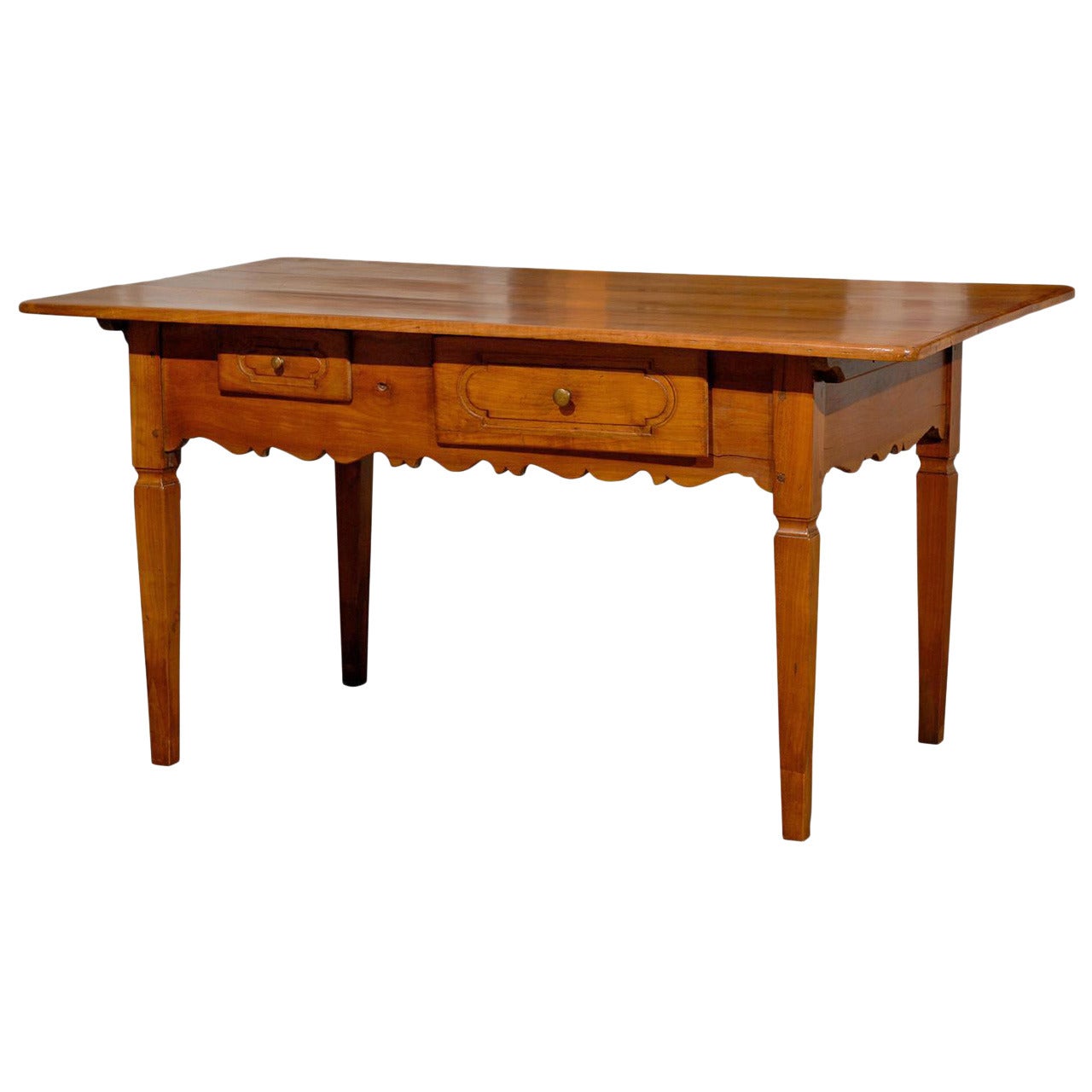 French 1890s Fruitwood Two-Drawer Table with Scalloped Apron and Tapered Legs
