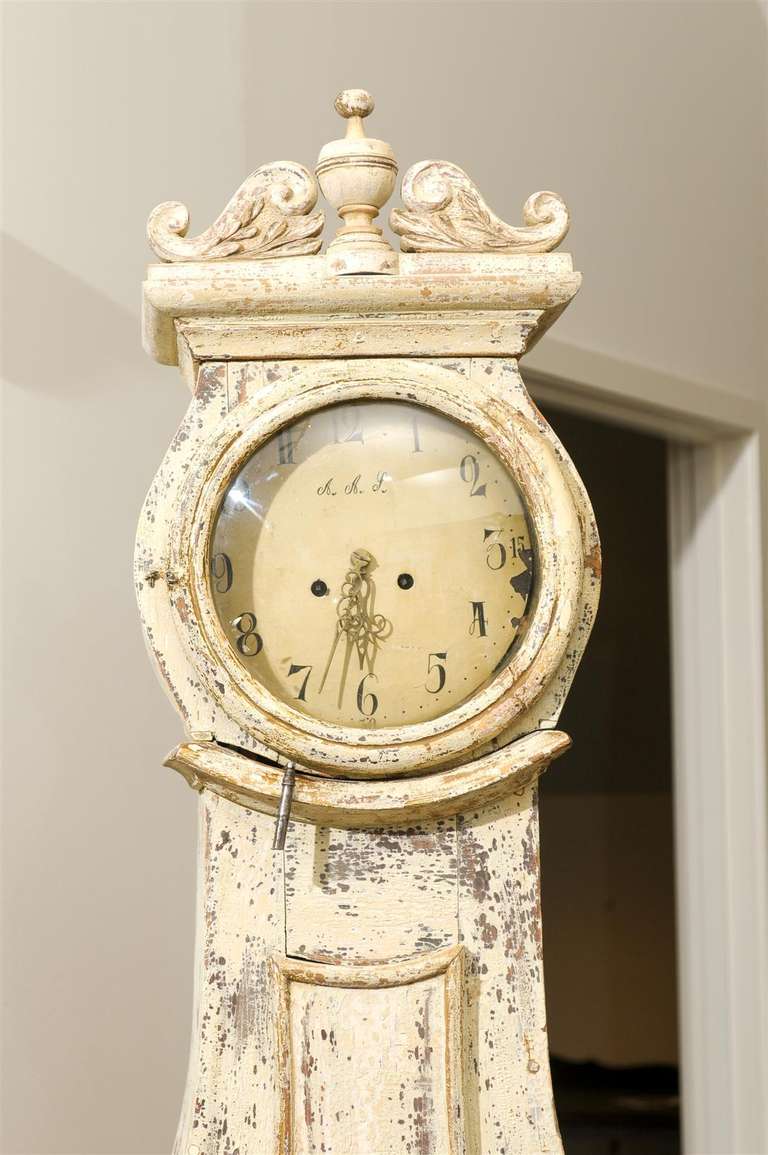 Glass 1820s Swedish Longcase Painted and Carved Mora Clock with Carved Crest