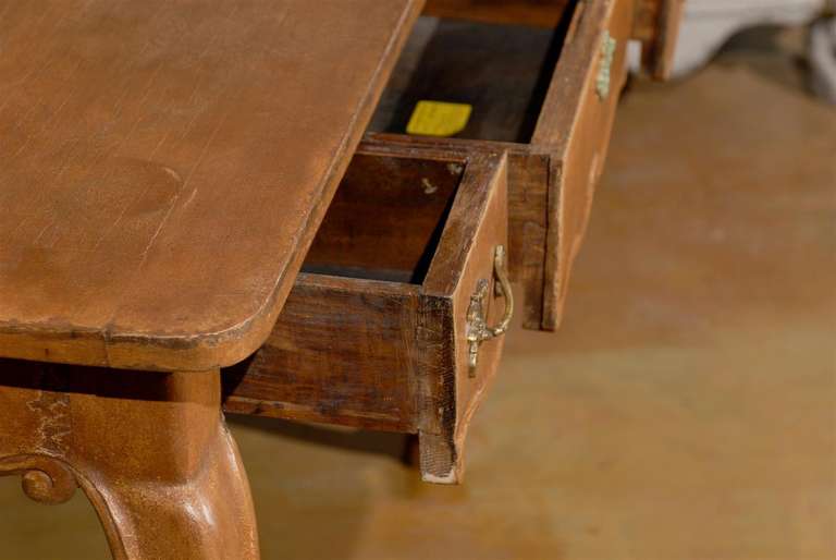 19th century walnut Louis XV style bureau plat, 3 drawers and cabriole legs.