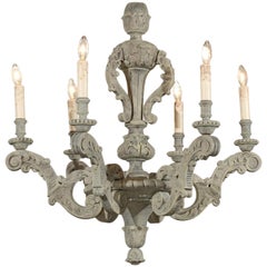 Antique French 19th Century Six-Light Grey Painted Wooden Chandelier with Carved Decor