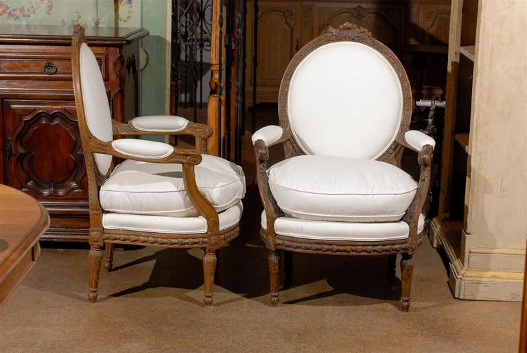 Pair of French Louis XVI Style Upholstered Armchairs from the Early 19th Century 5