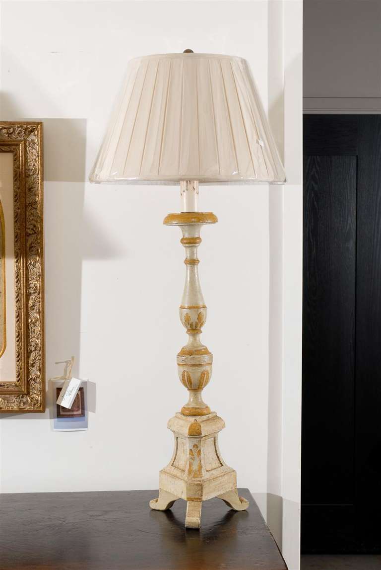 Pair of 19th century Italian candlesticks, painted white and gold, made into lamps.