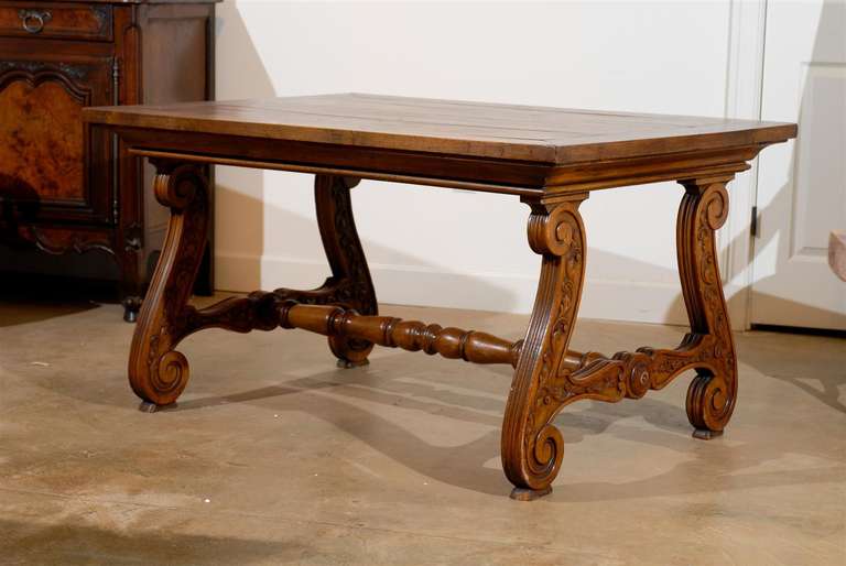 Northern Italian Fratino Walnut Desk with Lyre-Shaped Legs from the 1890s