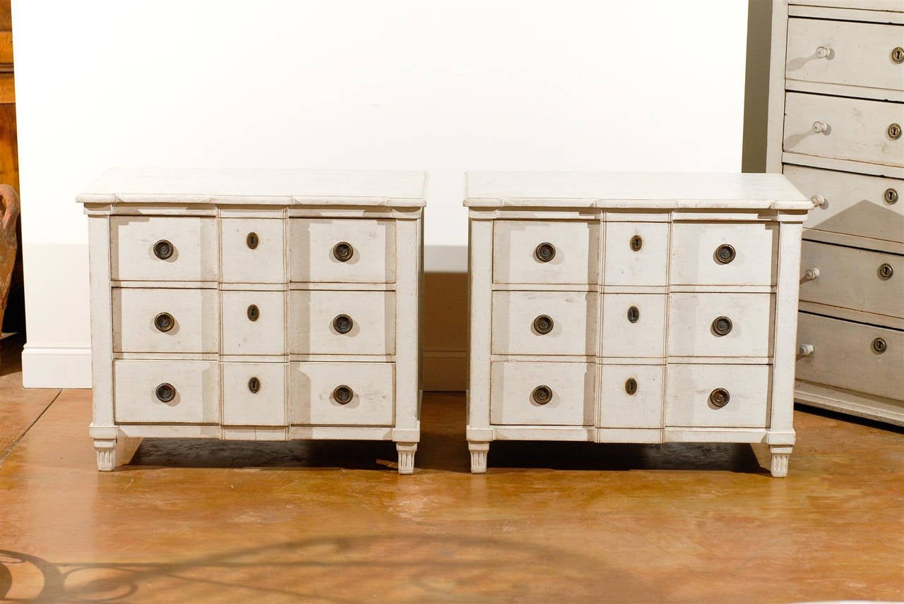 Pair of Swedish 1880s Painted Wood Breakfront Three-Drawer Bedside Commodes