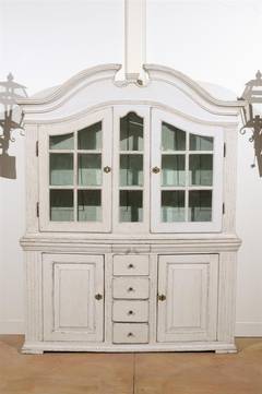 Swedish 1770s Tall Painted Cabinet with Broken Pediment, Glass Doors and Drawers
