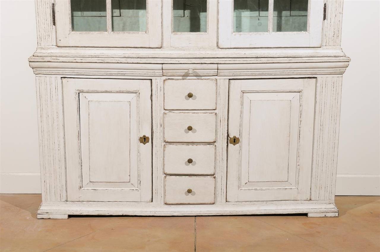 Wood Swedish 1770s Tall Painted Cabinet with Broken Pediment, Glass Doors and Drawers