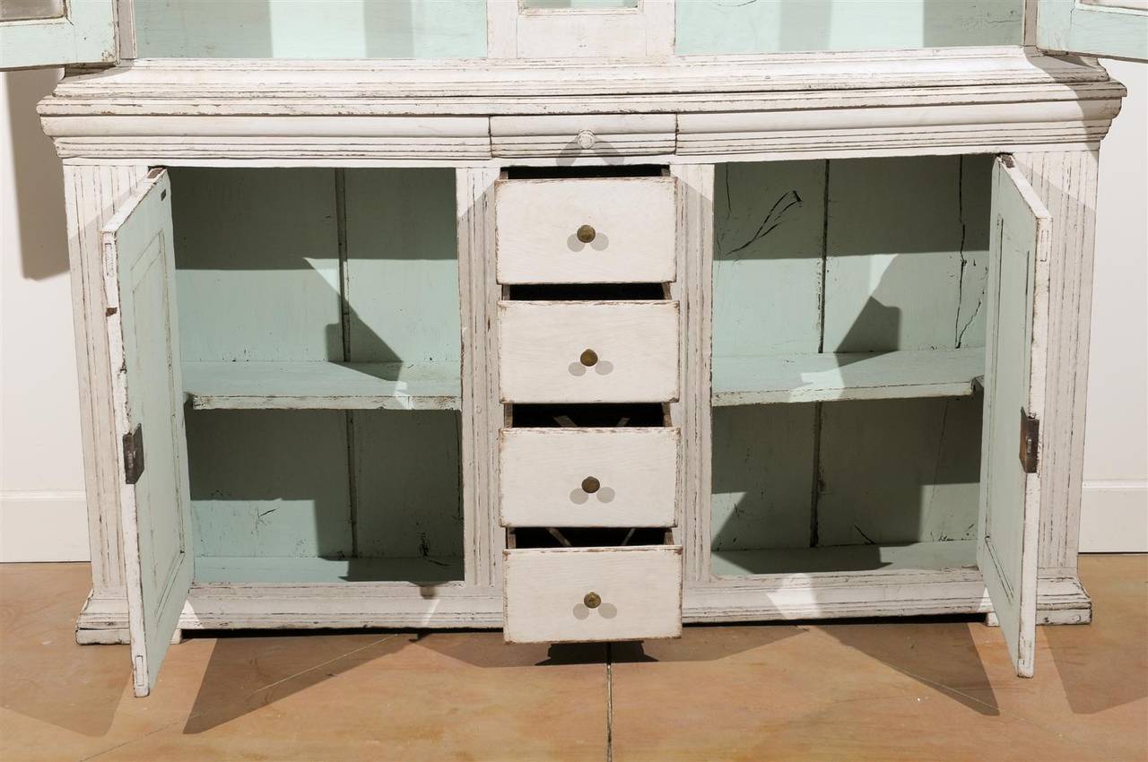 Swedish 1770s Tall Painted Cabinet with Broken Pediment, Glass Doors and Drawers 1