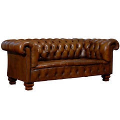 French Old Leather Tufted Chesterfield Sofa with Nailhead Trim, circa 1890