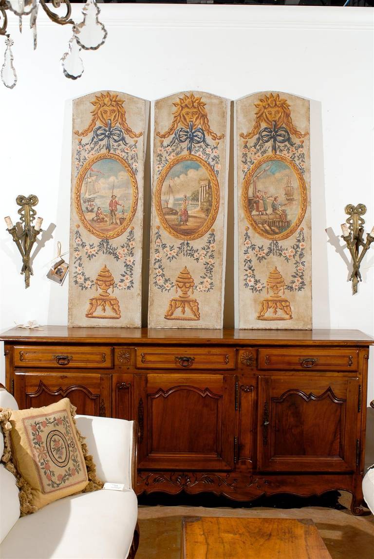 Set of Three French Vertical Oil on Canvas Louis XVI Style Decorative Panels In Good Condition In Atlanta, GA