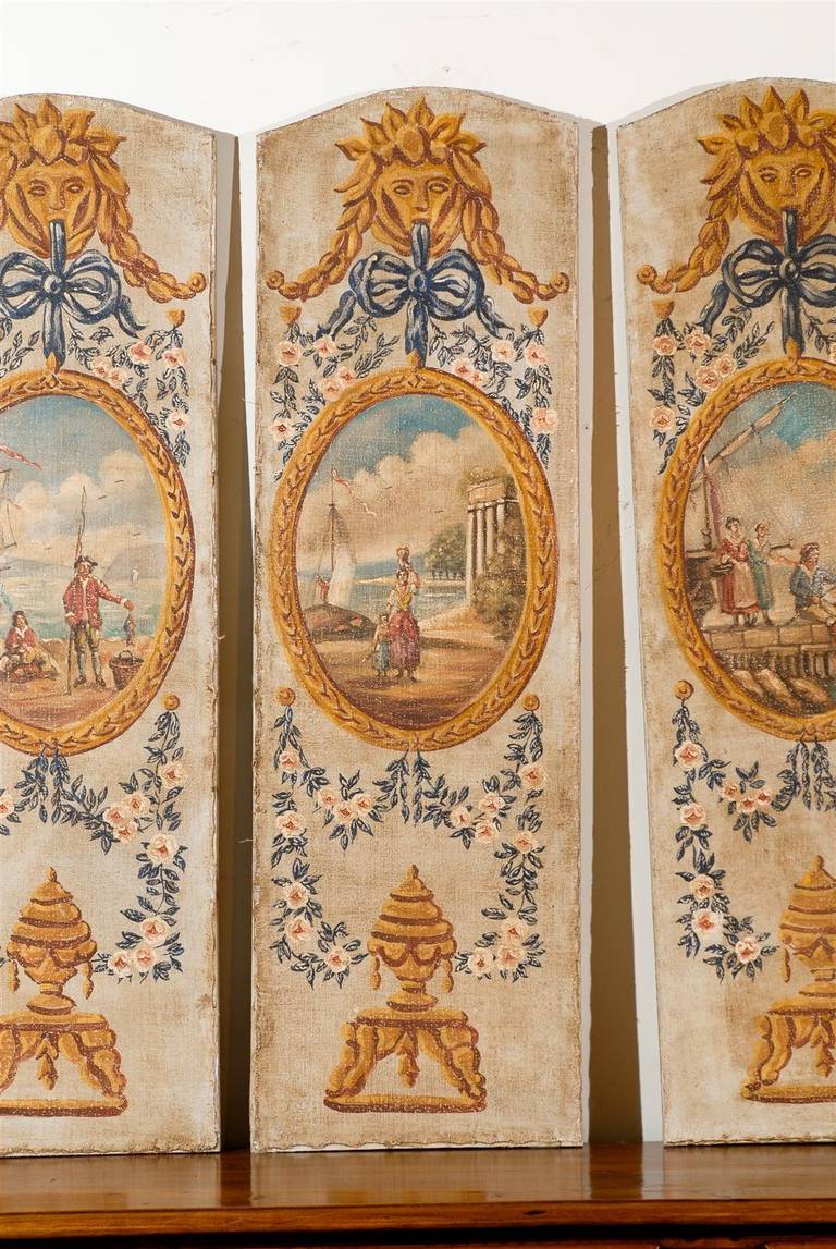 19th Century Set of Three French Vertical Oil on Canvas Louis XVI Style Decorative Panels